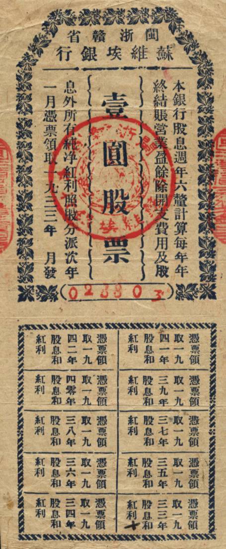 1933年闽浙赣省苏维埃银行壹圆股票